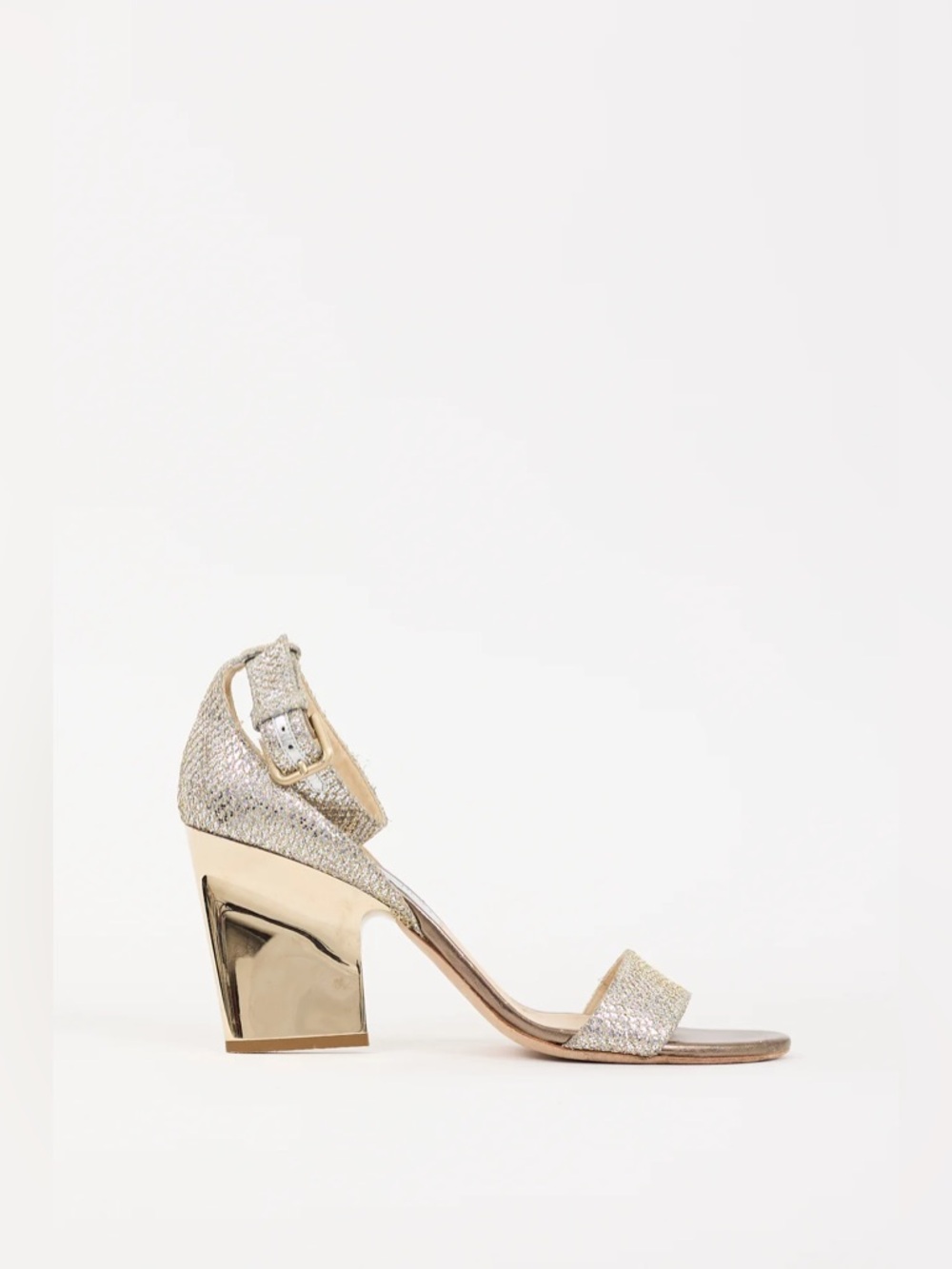 Jimmy Choo Edina 85 mm champagne Metallic Gold Glitter Ankle-Strap Block Heels - Picture 2 of 12
